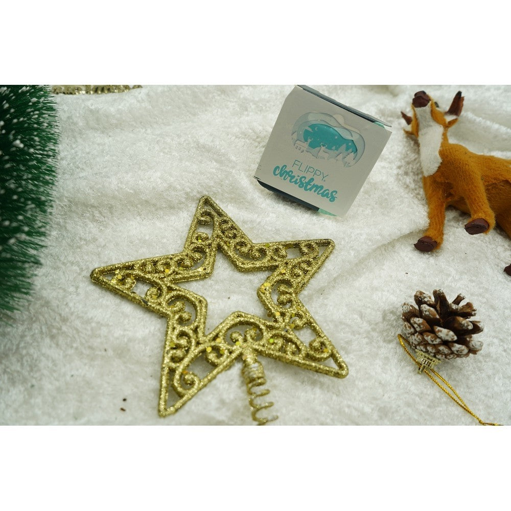 Varf decorativ de brad, Auriu, in forma de Stea, decupata in centru, din Plastic/Metal, 14 cm x 19 cm, Interior/Exterior, Flippy-8