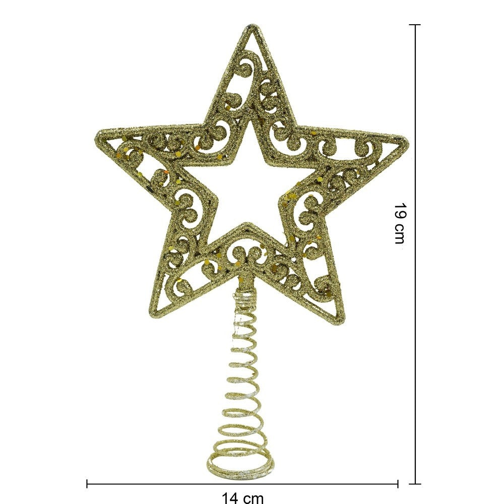 Varf decorativ de brad, Auriu, in forma de Stea, decupata in centru, din Plastic/Metal, 14 cm x 19 cm, Interior/Exterior, Flippy-9