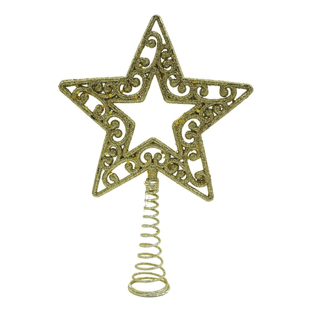 Varf decorativ de brad, Auriu, in forma de Stea, decupata in centru, din Plastic/Metal, 14 cm x 19 cm, Interior/Exterior, Flippy-0
