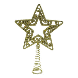 Varf decorativ de brad, Auriu, in forma de Stea, decupata in centru, din Plastic/Metal, 14 cm x 19 cm, Interior/Exterior, Flippy-0