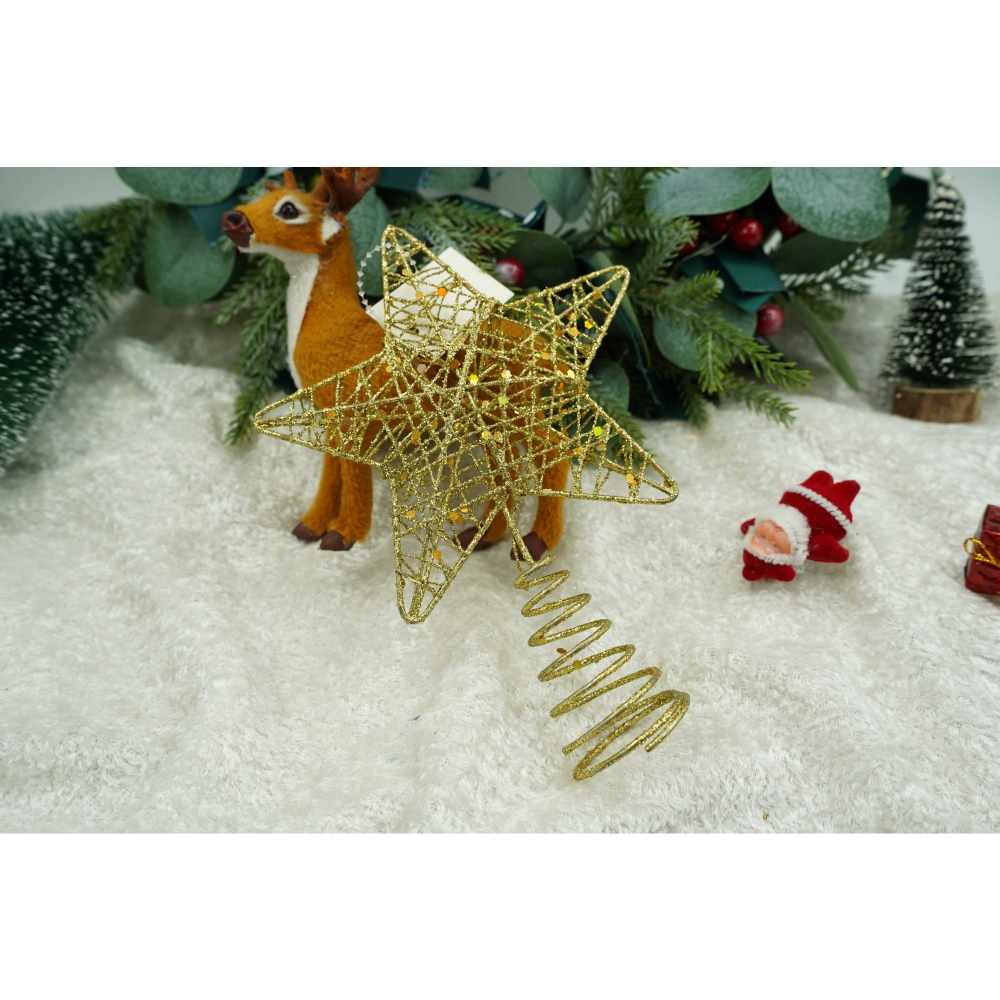 Varf decorativ de brad, Auriu, in forma de Stea, design cu paiete, din Plastic/Metal, 13 cm x 18 cm, diametru 4 cm, Interior/Exterior, Flippy-2