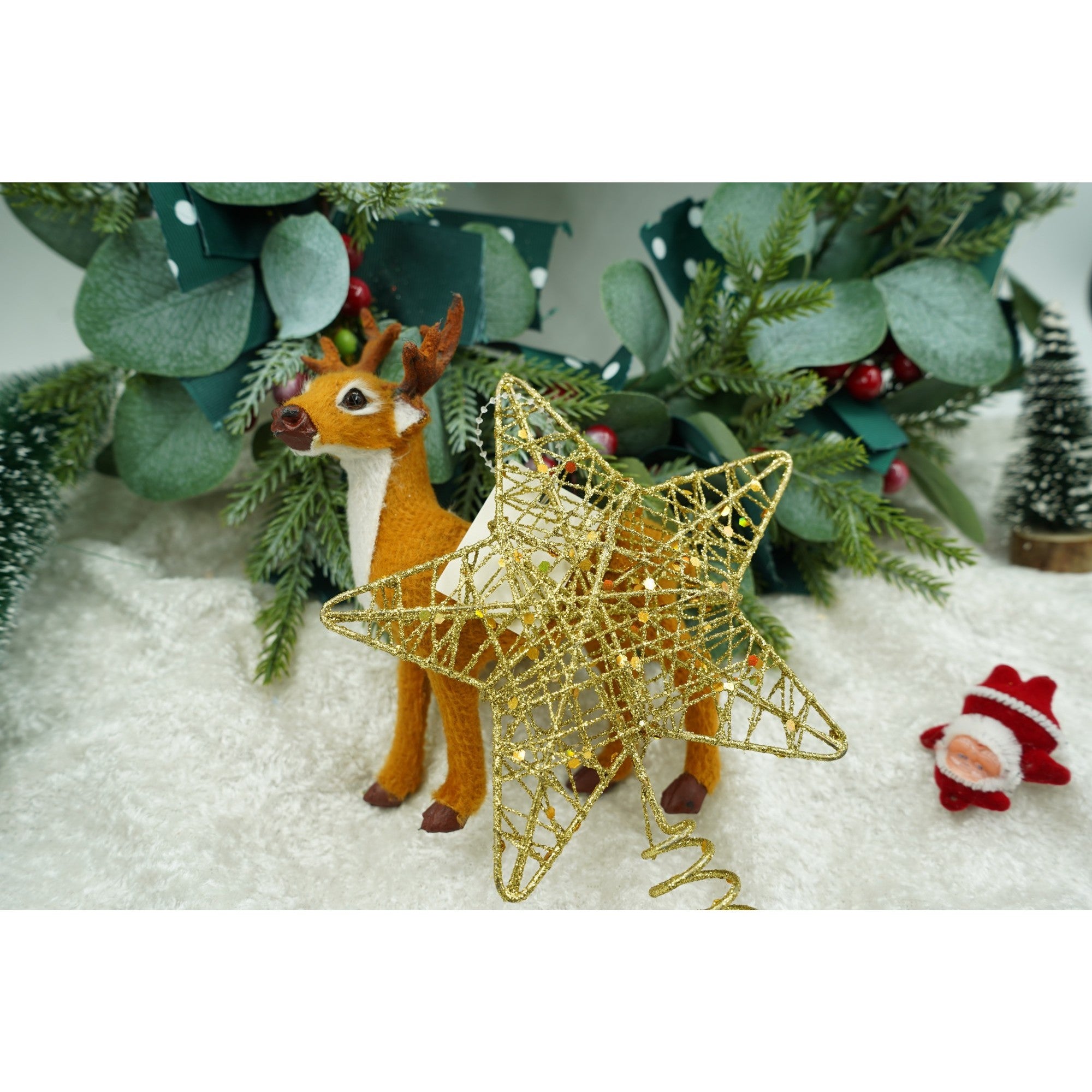 Varf decorativ de brad, Auriu, in forma de Stea, design cu paiete, din Plastic/Metal, 13 cm x 18 cm, diametru 4 cm, Interior/Exterior, Flippy-3