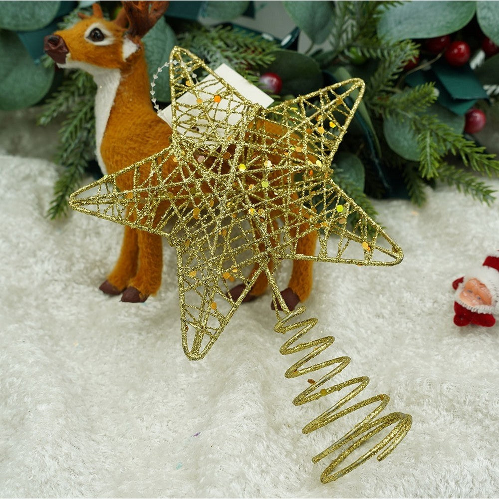 Varf decorativ de brad, Auriu, in forma de Stea, design cu paiete, din Plastic/Metal, 13 cm x 18 cm, diametru 4 cm, Interior/Exterior, Flippy-7