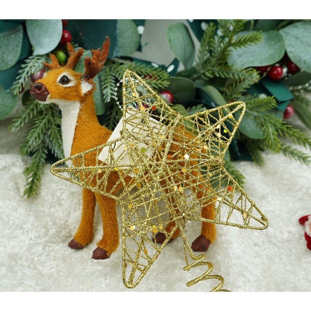 Varf decorativ de brad, Auriu, in forma de Stea, design cu paiete, din Plastic/Metal, 13 cm x 18 cm, diametru 4 cm, Interior/Exterior, Flippy-8