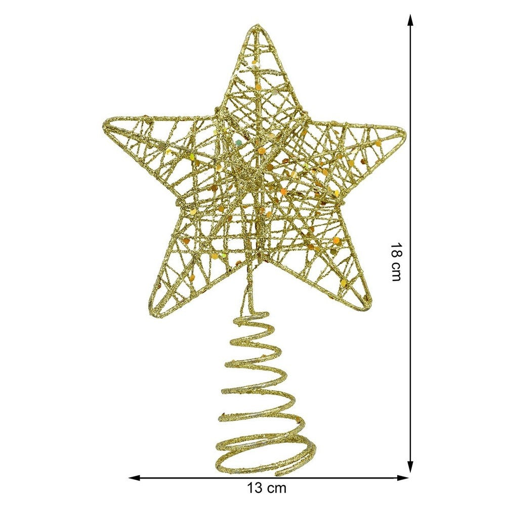 Varf decorativ de brad, Auriu, in forma de Stea, design cu paiete, din Plastic/Metal, 13 cm x 18 cm, diametru 4 cm, Interior/Exterior, Flippy-10