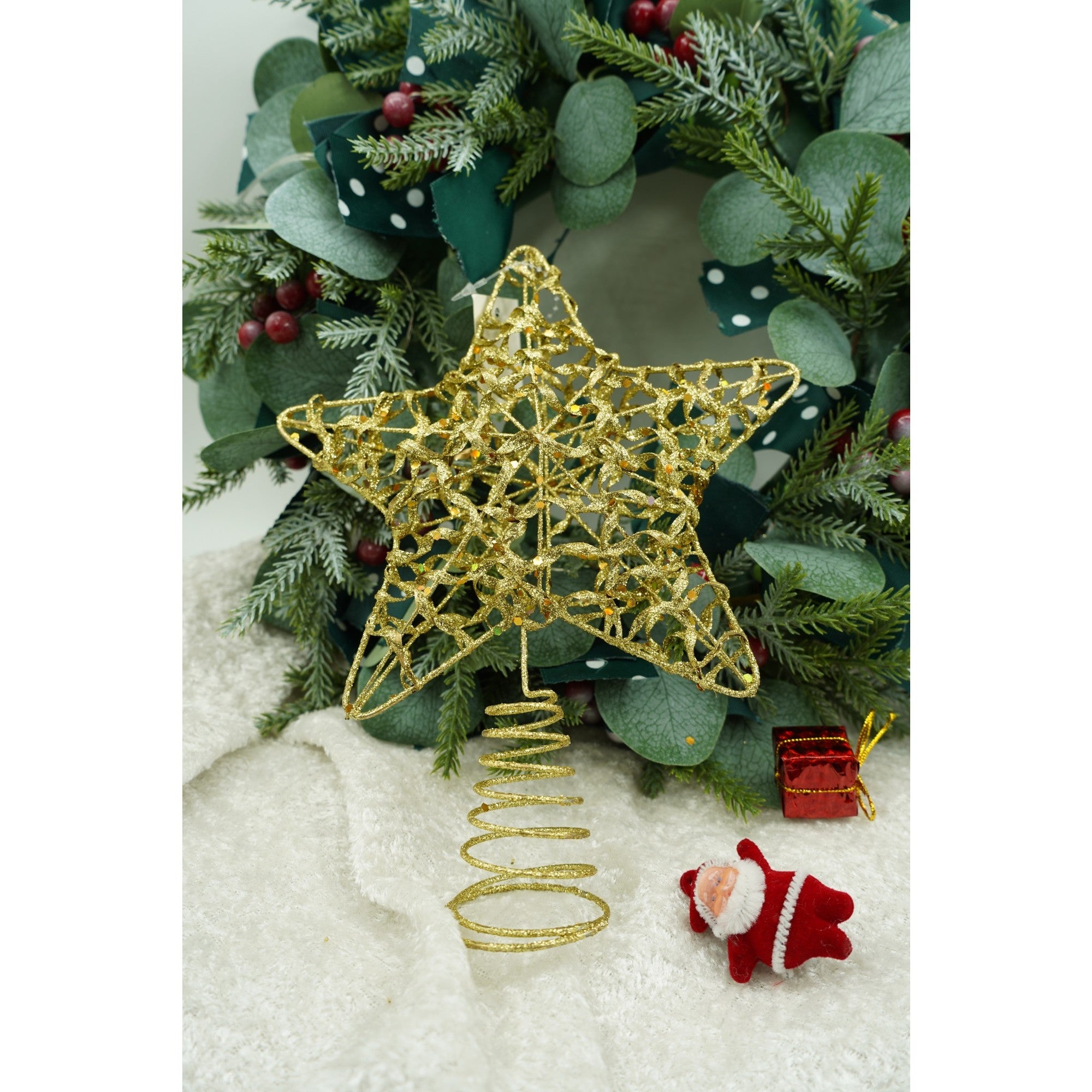 Varf decorativ de brad, Auriu, in forma de Stea, design cu paiete, din Plastic/Metal, 18 cm x 23 cm, Interior/Exterior, Flippy-1