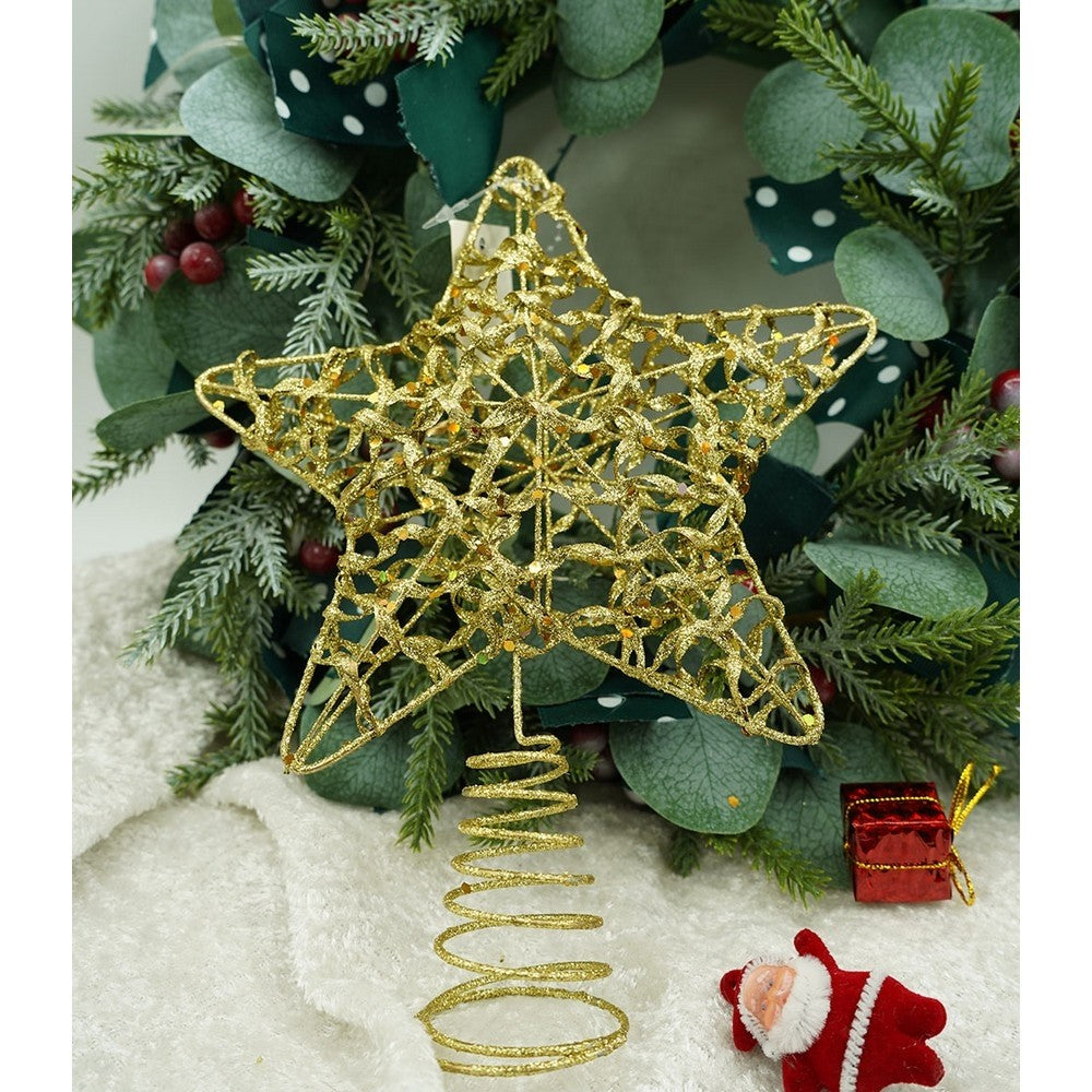 Varf decorativ de brad, Auriu, in forma de Stea, design cu paiete, din Plastic/Metal, 18 cm x 23 cm, Interior/Exterior, Flippy-6