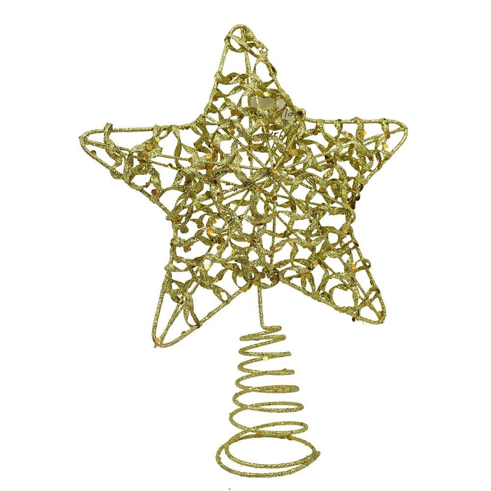 Varf decorativ de brad, Auriu, in forma de Stea, design cu paiete, din Plastic/Metal, 18 cm x 23 cm, Interior/Exterior, Flippy-0