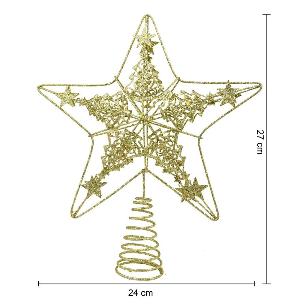 Varf decorativ de brad, Auriu, in forma de Stea, design de braduti, din Plastic/Metal, 24 cm x 27 cm, Interior/Exterior, Flippy-6