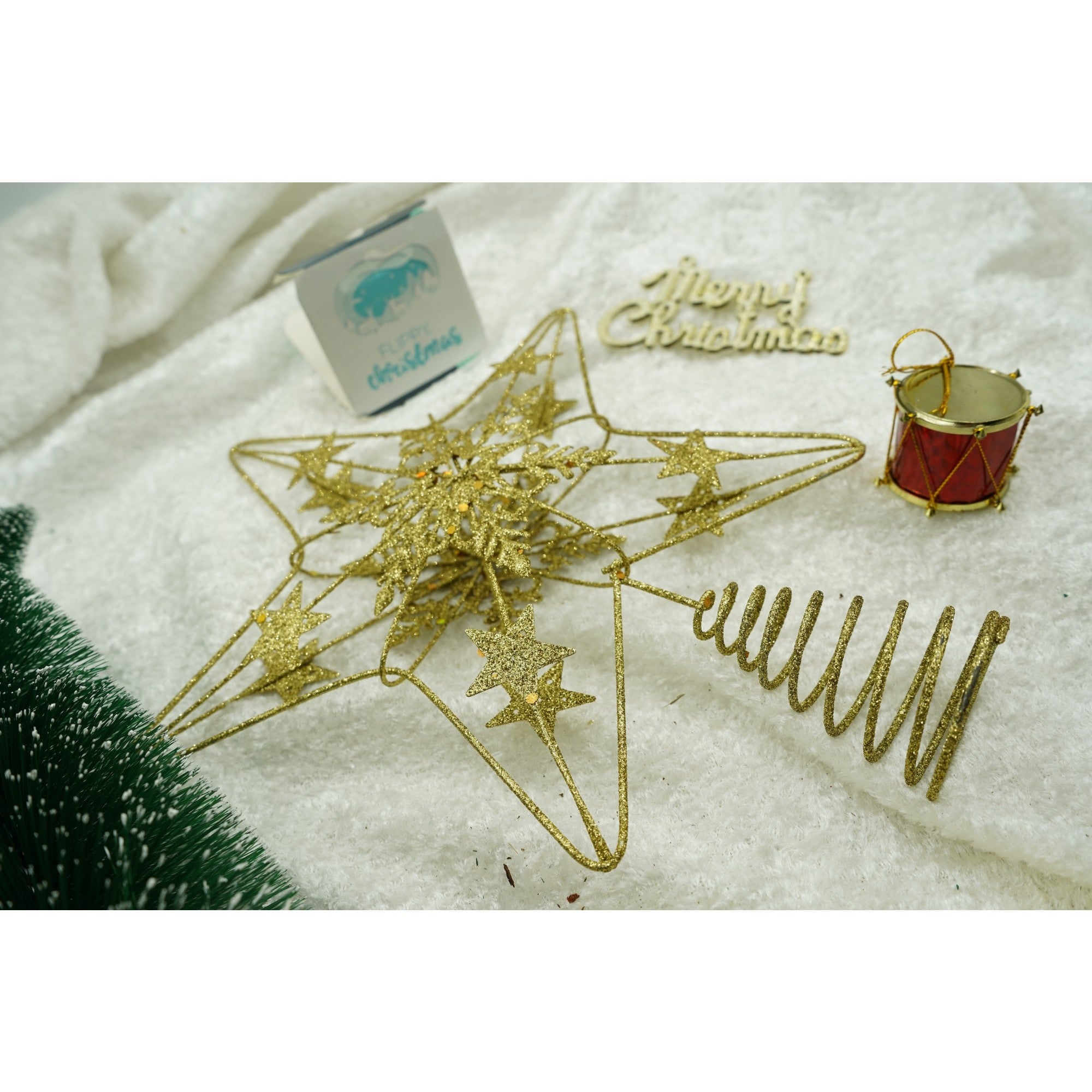 Varf decorativ de brad, Auriu, in forma de Stea, design de stele, din Plastic/Metal, 25 cm x 27 cm, Interior/Exterior, Flippy-4