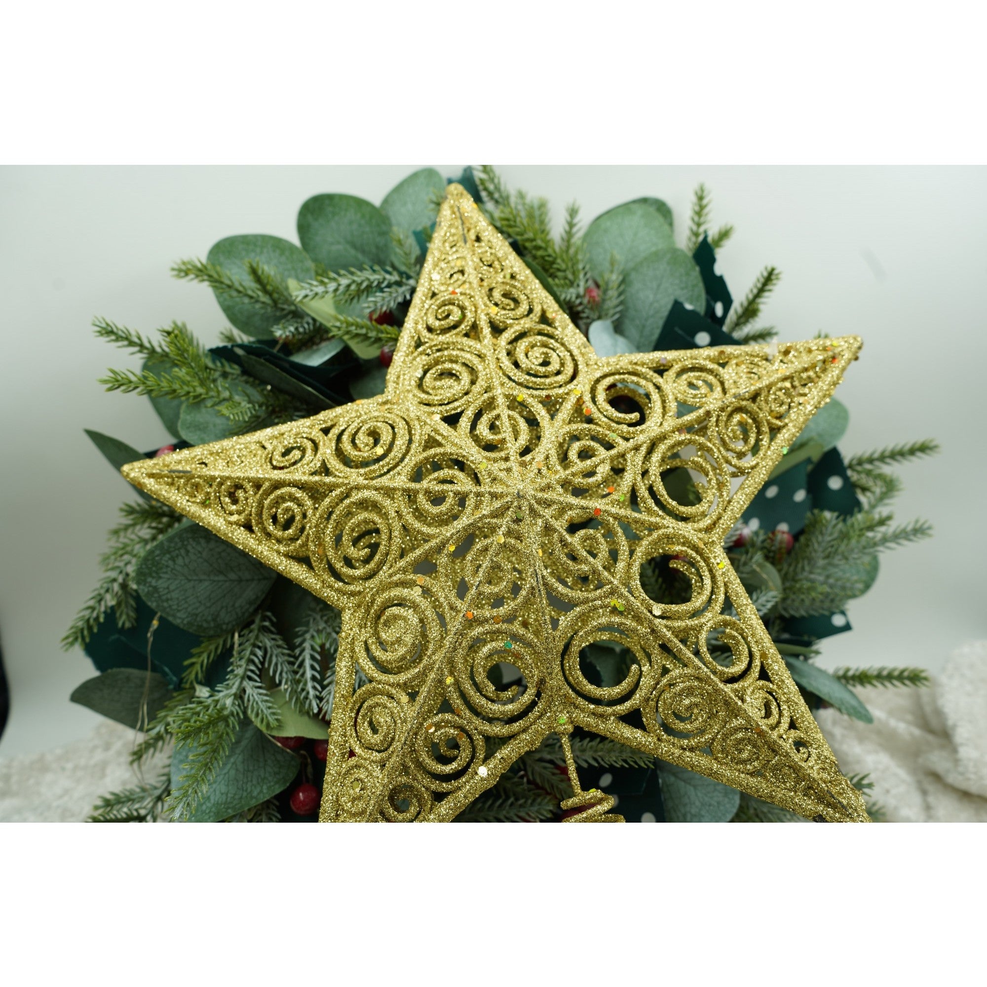 Varf decorativ de brad, Auriu, in forma de Stea, design spiralat, din Plastic/Metal, 29 cm x 38 cm, Interior/Exterior, Flippy-4