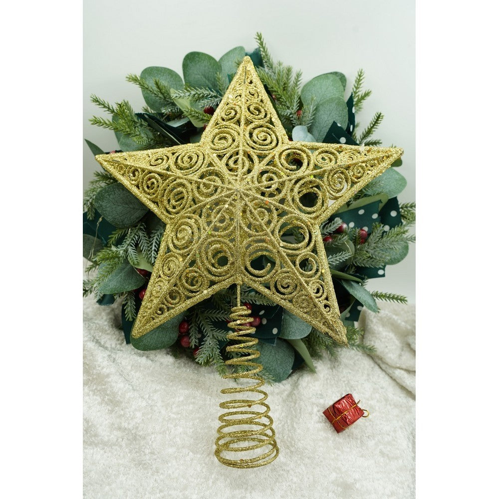 Varf decorativ de brad, Auriu, in forma de Stea, design spiralat, din Plastic/Metal, 29 cm x 38 cm, Interior/Exterior, Flippy-7