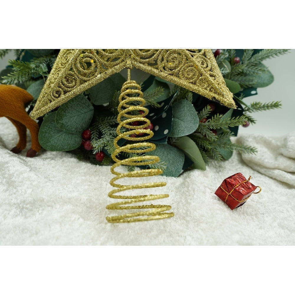 Varf decorativ de brad, Auriu, in forma de Stea, design spiralat, din Plastic/Metal, 29 cm x 38 cm, Interior/Exterior, Flippy-8