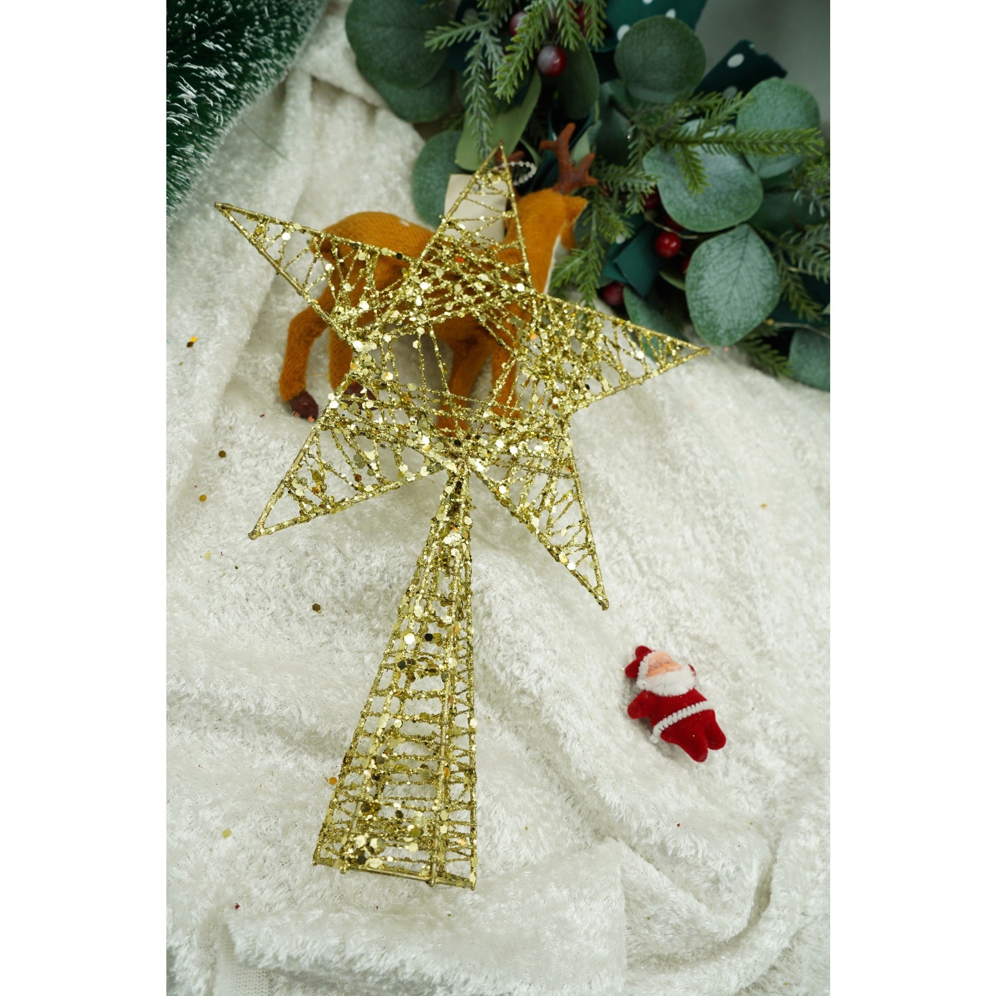 Varf decorativ de brad, Auriu, in forma de Stea, infasurata, din Plastic/Metal, 20 cm x 28 cm, Interior/Exterior, Flippy-2