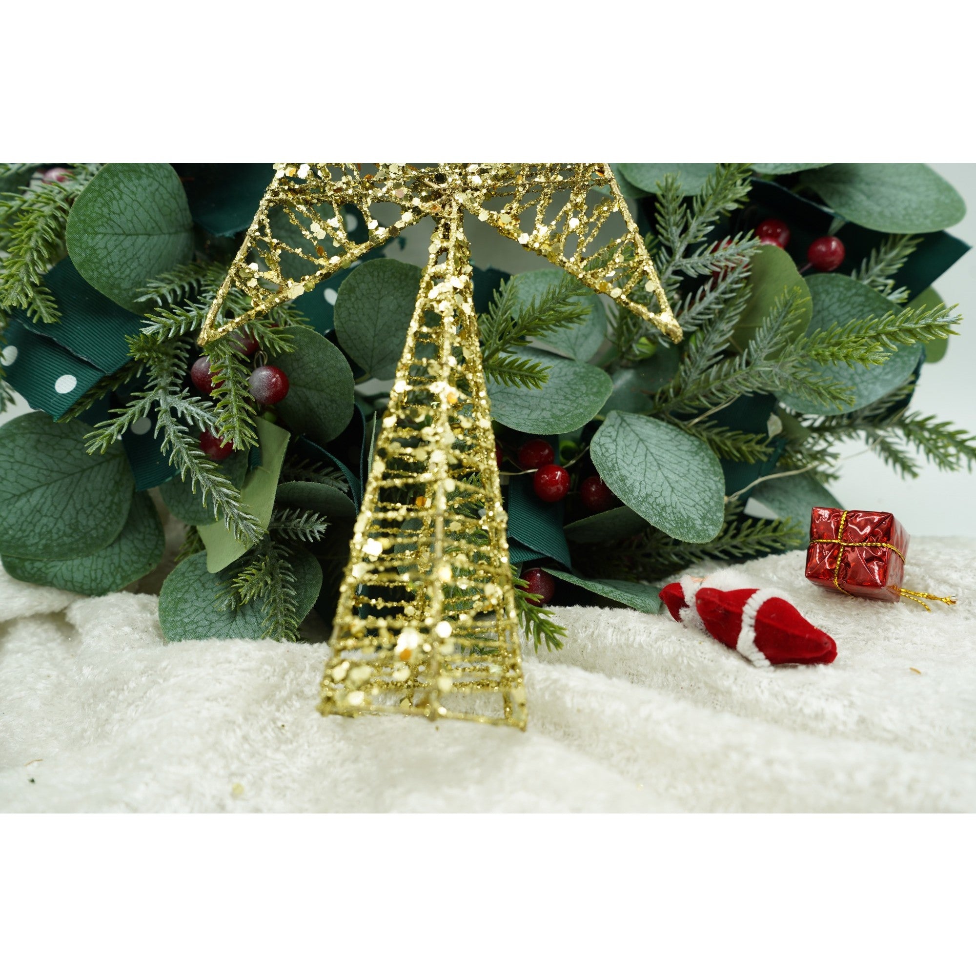 Varf decorativ de brad, Auriu, in forma de Stea, infasurata, din Plastic/Metal, 20 cm x 28 cm, Interior/Exterior, Flippy-4