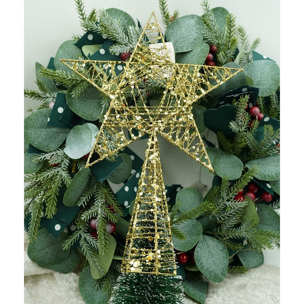 Varf decorativ de brad, Auriu, in forma de Stea, infasurata, din Plastic/Metal, 20 cm x 28 cm, Interior/Exterior, Flippy-6