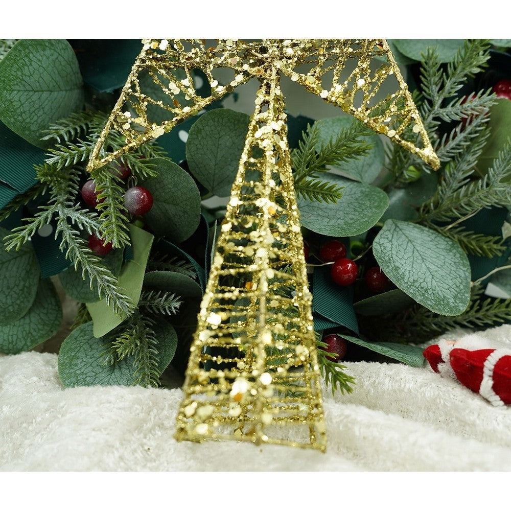 Varf decorativ de brad, Auriu, in forma de Stea, infasurata, din Plastic/Metal, 20 cm x 28 cm, Interior/Exterior, Flippy-9