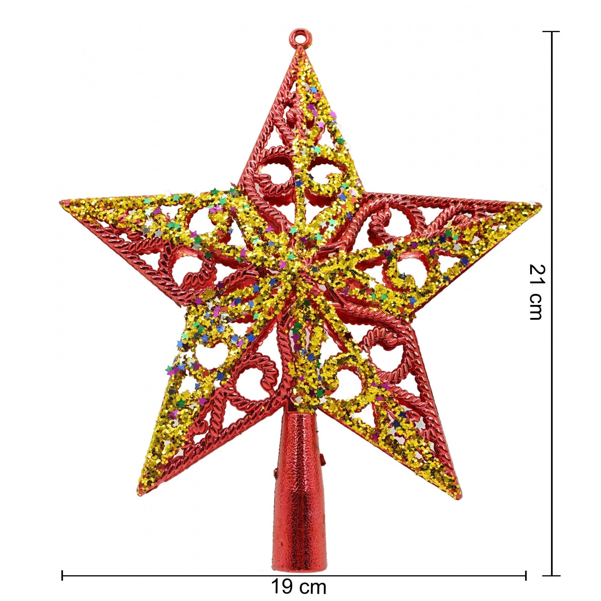 Varf decorativ de brad, Rosu/ Auriu, in forma de Stea, design spiralat, din Plastic, 19 cm x 21 cm, Interior/Exterior, Flippy-2