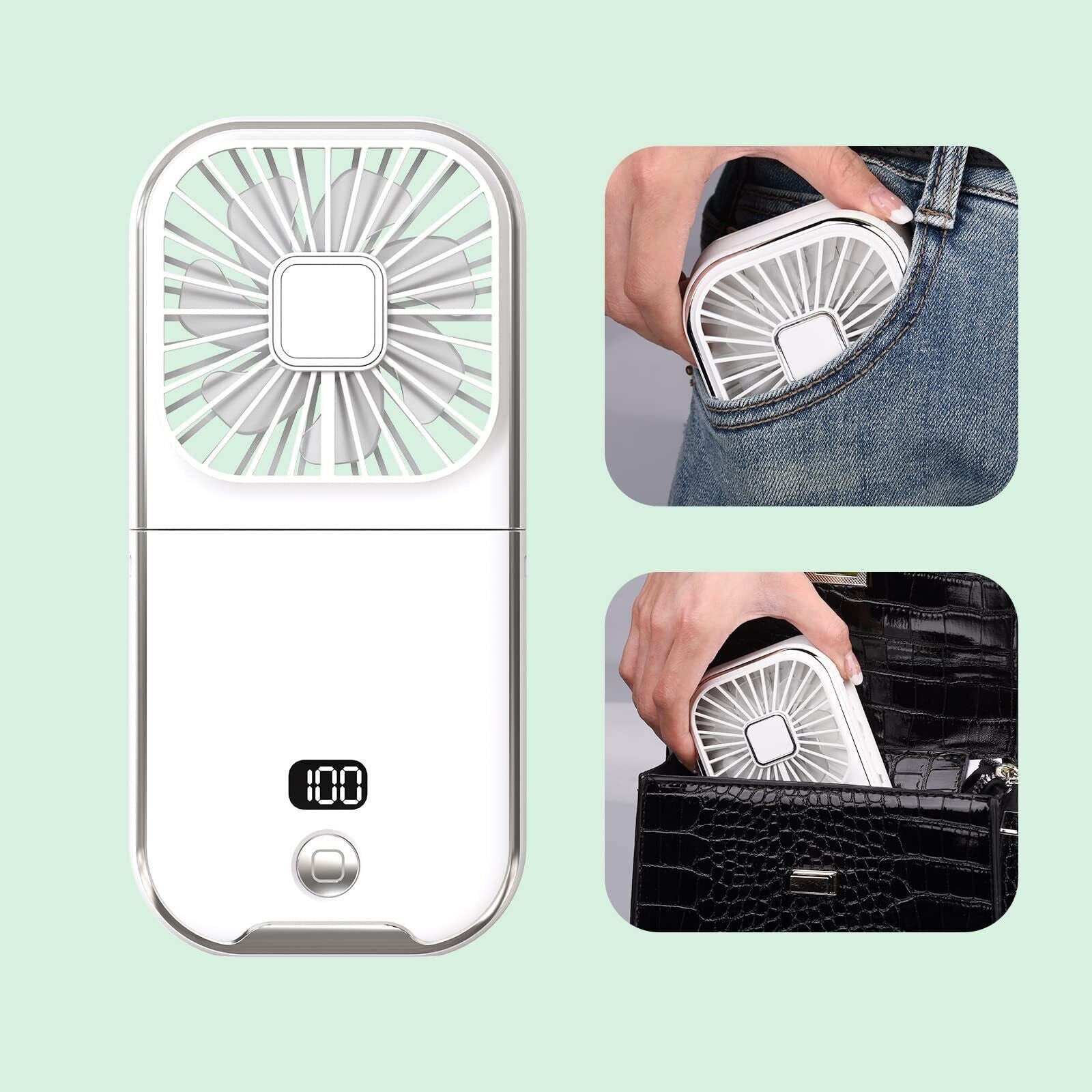 Ventilator Portabil Flippy, 3 in 1, de Mana, de Gat, de Birou, 16.7 x 8 x 1.9 cm, 3 Trepte de Viteza, Incarcare USB, Pliabil, Afisaj Digital, Suport Telefon, Alb-1