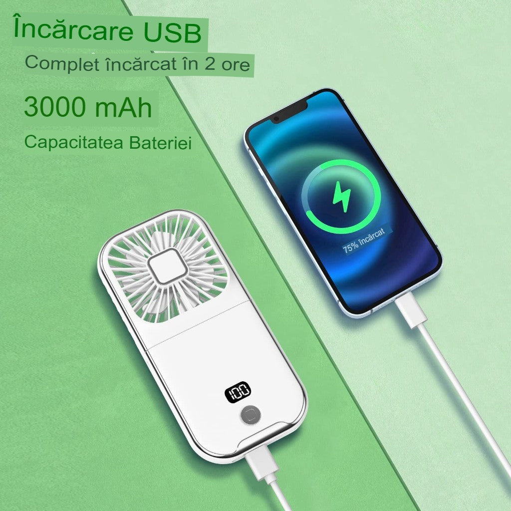 Ventilator Portabil Flippy, 3 in 1, de Mana, de Gat, de Birou, 16.7 x 8 x 1.9 cm, 3 Trepte de Viteza, Incarcare USB, Pliabil, Afisaj Digital, Suport Telefon, Alb-2