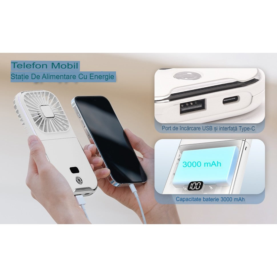 Ventilator Portabil Flippy, 3 in 1, de Mana, de Gat, de Birou, 16.7 x 8 x 1.9 cm, 3 Trepte de Viteza, Incarcare USB, Pliabil, Afisaj Digital, Suport Telefon, Alb-3