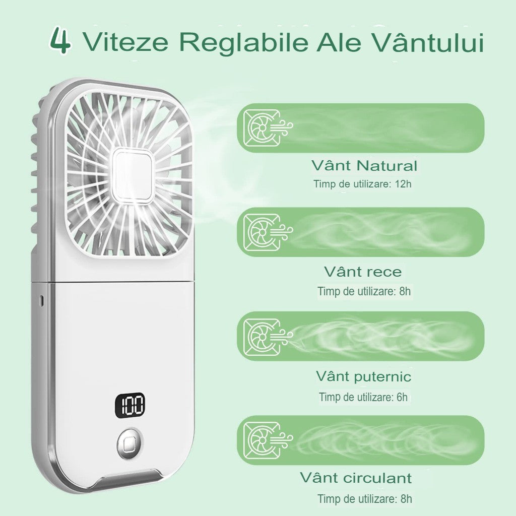 Ventilator Portabil Flippy, 3 in 1, de Mana, de Gat, de Birou, 16.7 x 8 x 1.9 cm, 3 Trepte de Viteza, Incarcare USB, Pliabil, Afisaj Digital, Suport Telefon, Alb-4