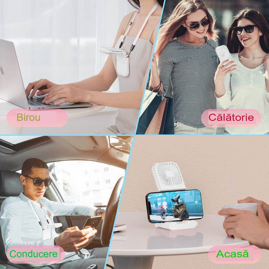 Ventilator Portabil Flippy, 3 in 1, de Mana, de Gat, de Birou, 16.7 x 8 x 1.9 cm, 3 Trepte de Viteza, Incarcare USB, Pliabil, Afisaj Digital, Suport Telefon, Alb-5