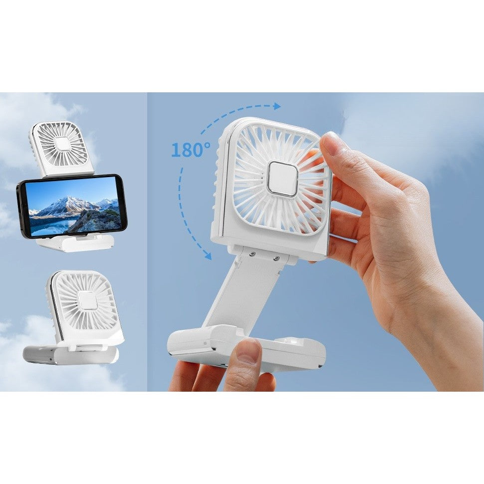 Ventilator Portabil Flippy, 3 in 1, de Mana, de Gat, de Birou, 16.7 x 8 x 1.9 cm, 3 Trepte de Viteza, Incarcare USB, Pliabil, Afisaj Digital, Suport Telefon, Alb-7