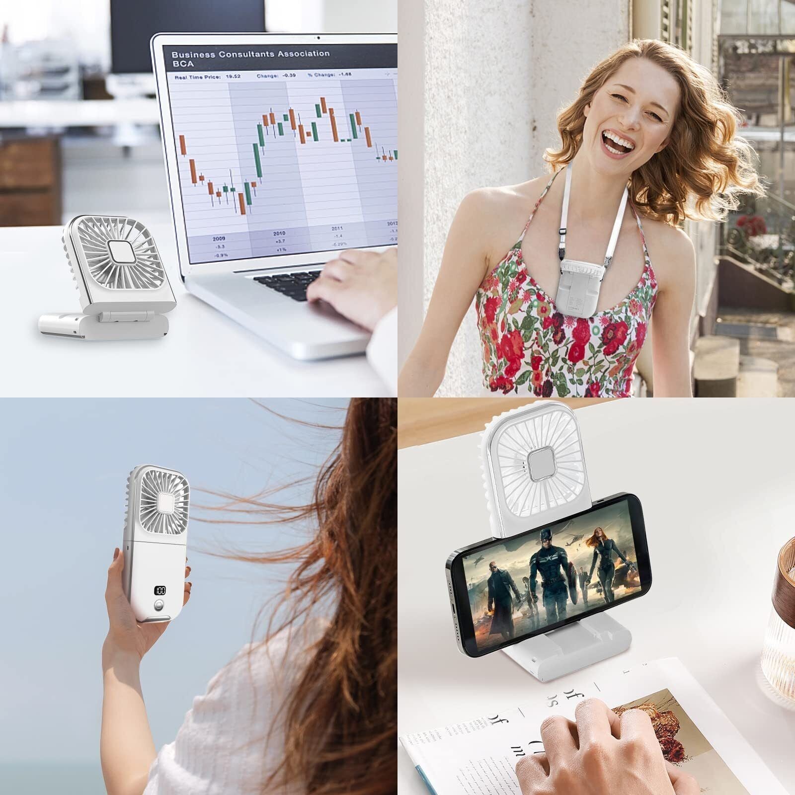 Ventilator Portabil Flippy, 3 in 1, de Mana, de Gat, de Birou, 16.7 x 8 x 1.9 cm, 3 Trepte de Viteza, Incarcare USB, Pliabil, Afisaj Digital, Suport Telefon, Alb-8