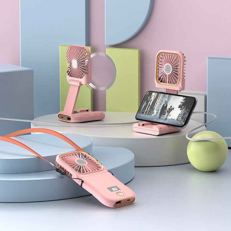 Ventilator Portabil Flippy, 3 in 1, de Mana, de Gat, de Birou, 16.7 x 8 x 1.9 cm, 3 Trepte de Viteza, Incarcare USB, Pliabil, Afisaj Digital, Suport Telefon, Roz-3