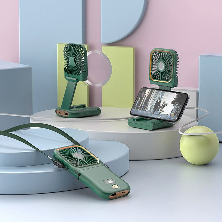 Ventilator Portabil Flippy, 3 in 1, de Mana, de Gat, de Birou, 16.7 x 8 x 1.9 cm, 3 Trepte de Viteza, Incarcare USB, Pliabil, Afisaj Digital, Suport Telefon, Verde-3