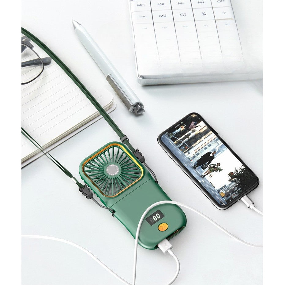 Ventilator Portabil Flippy, 3 in 1, de Mana, de Gat, de Birou, 16.7 x 8 x 1.9 cm, 3 Trepte de Viteza, Incarcare USB, Pliabil, Afisaj Digital, Suport Telefon, Verde-4