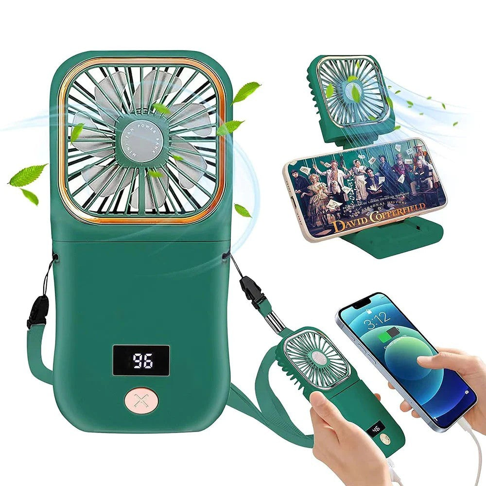 Ventilator Portabil Flippy, 3 in 1, de Mana, de Gat, de Birou, 16.7 x 8 x 1.9 cm, 3 Trepte de Viteza, Incarcare USB, Pliabil, Afisaj Digital, Suport Telefon, Verde-0