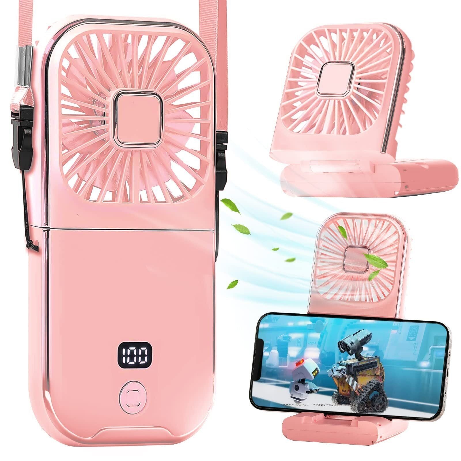 Ventilator Portabil Flippy, 3 in 1, de Mana, de Gat, de Birou, 16.7 x 8 x 1.9 cm, 3 Trepte de Viteza, Incarcare USB, Pliabil, Afisaj Digital, Suport Telefon, Roz-0