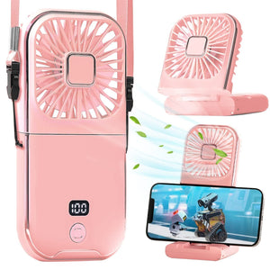 Ventilator Portabil Flippy, 3 in 1, de Mana, de Gat, de Birou, 16.7 x 8 x 1.9 cm, 3 Trepte de Viteza, Incarcare USB, Pliabil, Afisaj Digital, Suport Telefon, Roz-0