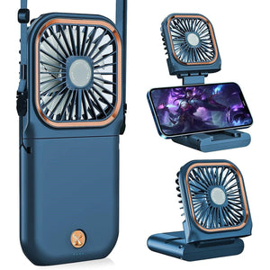 Ventilator Portabil Flippy, 3 in 1, de Mana, de Gat, de Birou, 16.7 x 8 x 1.9 cm, 3 Trepte de Viteza, Incarcare USB, Pliabil, Afisaj Digital, Suport Telefon, Albastru-0