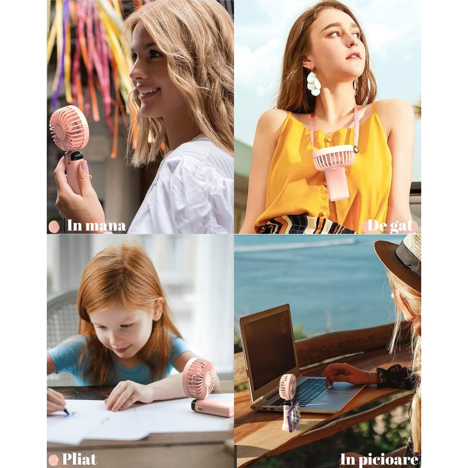 Ventilator Ultra Portabil cu Aromaterapie, Flippy, 3 in 1, de Mana, de Birou, de Gat, 5 Trepte de Viteza, Incarcare USB, Autonomie 12h, Pliabil, cu Ecran LCD, Roz-2