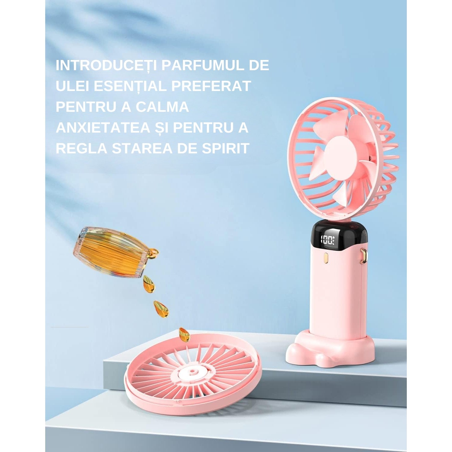 Ventilator Ultra Portabil cu Aromaterapie, Flippy, 3 in 1, de Mana, de Birou, de Gat, 5 Trepte de Viteza, Incarcare USB, Autonomie 12h, Pliabil, cu Ecran LCD, Roz-4