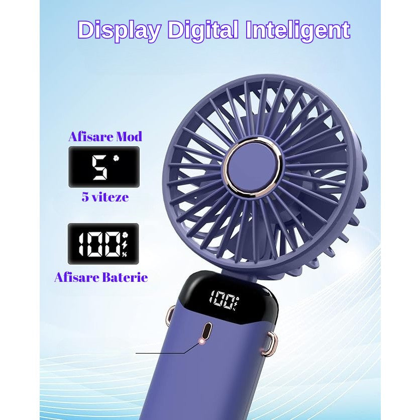 Ventilator Ultra Portabil cu Aromaterapie, Flippy, 3 in 1, de Mana, de Birou, de Gat, 5 Trepte de Viteza, Incarcare USB, Autonomie 12h, Pliabil, cu Ecran LCD, Mov-6