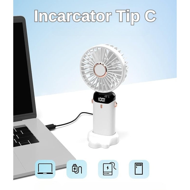 Ventilator Ultra Portabil cu Aromaterapie, Flippy, 3 in 1, de Mana, de Birou, de Gat, 5 Trepte de Viteza, Incarcare USB, Autonomie 12h, Pliabil, cu Ecran LCD, Alb-4