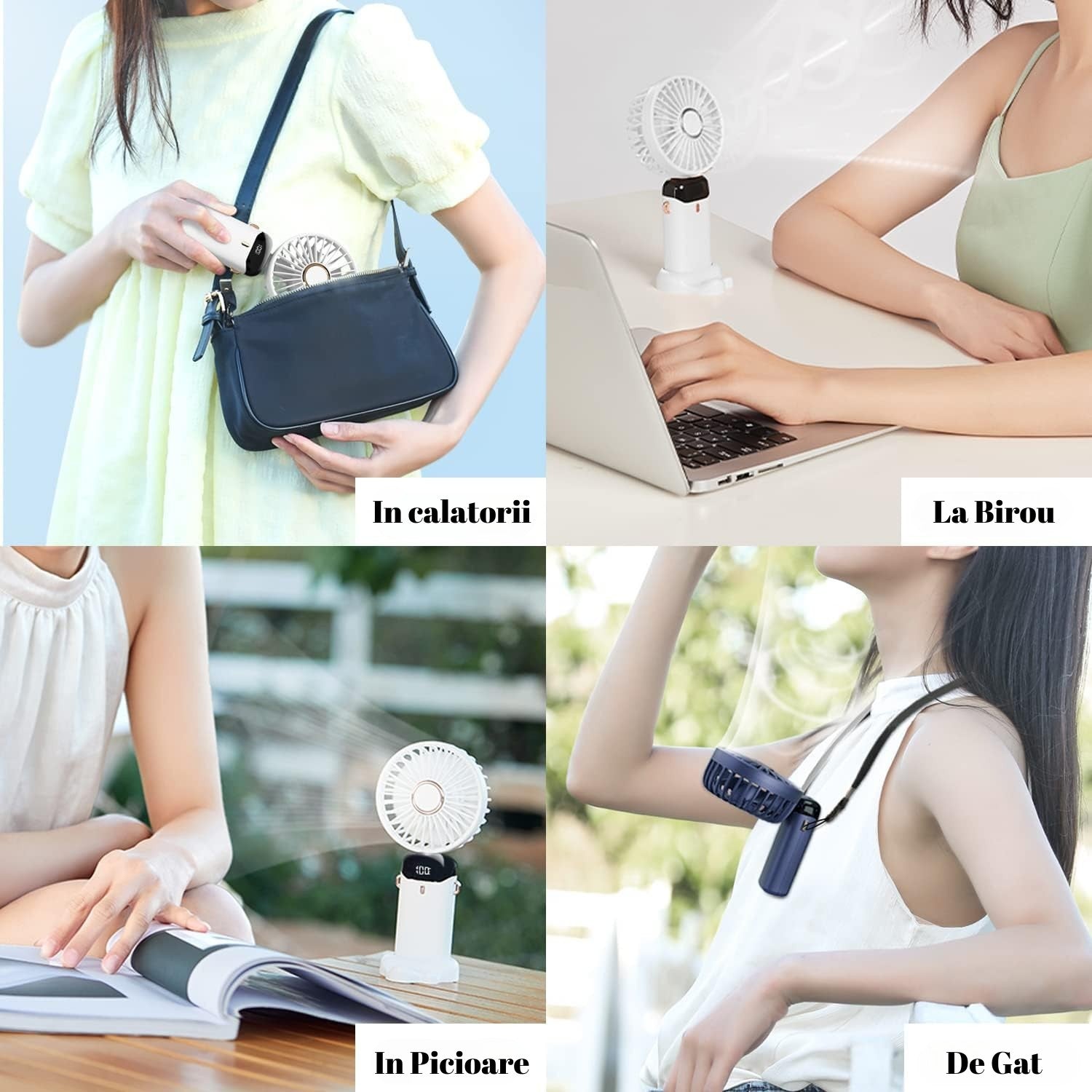 Ventilator Ultra Portabil cu Aromaterapie, Flippy, 3 in 1, de Mana, de Birou, de Gat, 5 Trepte de Viteza, Incarcare USB, Autonomie 12h, Pliabil, cu Ecran LCD, Alb-8