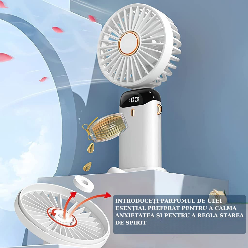 Ventilator Ultra Portabil cu Aromaterapie, Flippy, 3 in 1, de Mana, de Birou, de Gat, 5 Trepte de Viteza, Incarcare USB, Autonomie 12h, Pliabil, cu Ecran LCD, Alb-9
