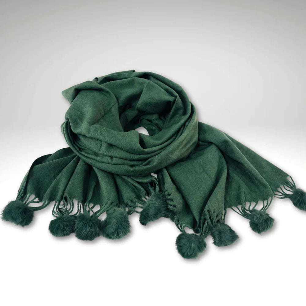 Esarfa din Casmir, cu Ciucuri - Verde