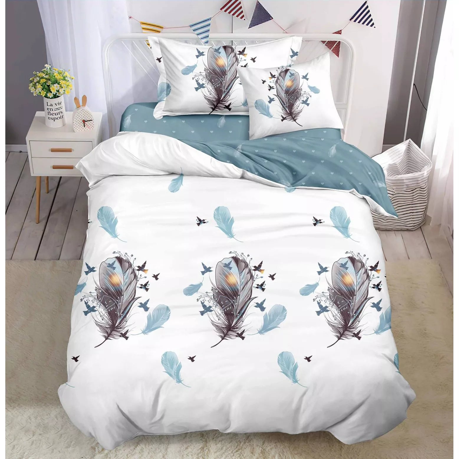 Lenjerie de Pat Bumbac Finet, 1 persoana , cearsaf cu elastic, model pene