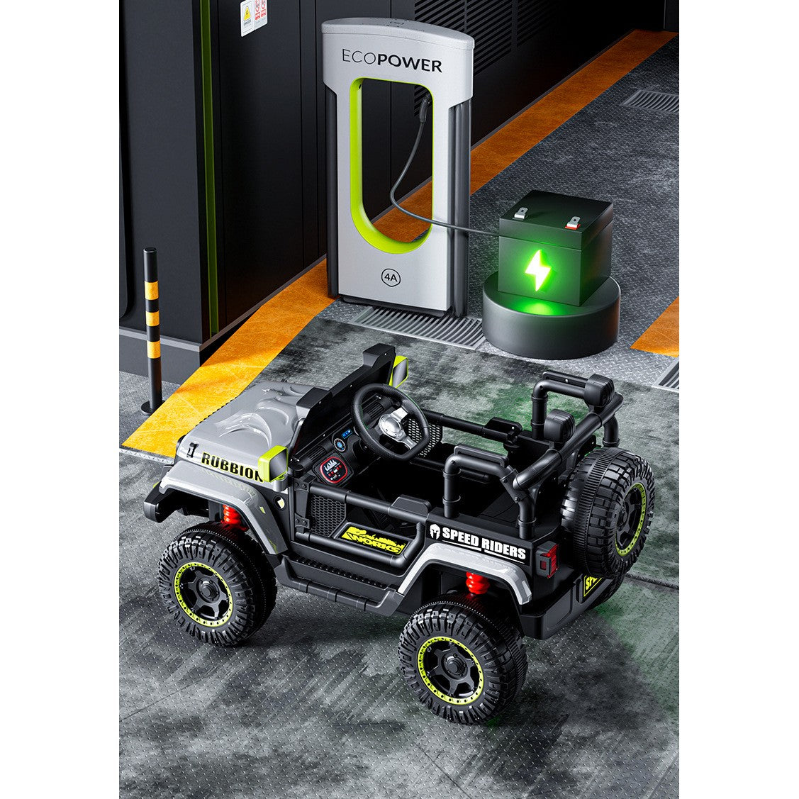 Mașină Electrică pentru Copii, Flippy, Off-Road, Conectare Bluetooth, telecomandă, Tracțiune Integrală, Lumina Intermitenta, Baterie 12V 7Ah, 120x63x68cm, Gri-8