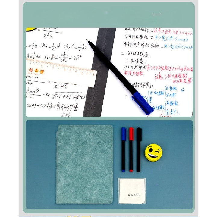 Set Agenda A5 Reutilizabila cu Pagini Tip Tabla, Agenda Pagini Albe cu Stergere Uscata, 3 Markere, 1 Burete și 1 Laveta de sters, Portabila, 24 x 16.5 cm, Coperta Piele, Verde-3