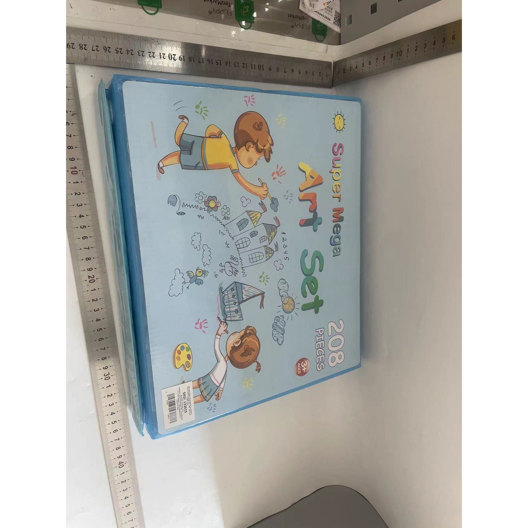 Set Complet pentru Desen si Pictura, Flippy, 208 Piese, Creioane, Markere, Acuarele cu Apa si Ulei, Pixuri, Hartie de Desen, Radiera, Ascutitoare, Radiera, Suport pentru Planse, Albastru, Cutie Mica, English-1