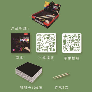 Set 100 de Foi de Hartie de Zgariat, Flippy, cu Un Stilou din Bambus, pentru Desen si Notite, Curcubeu, Negru-0