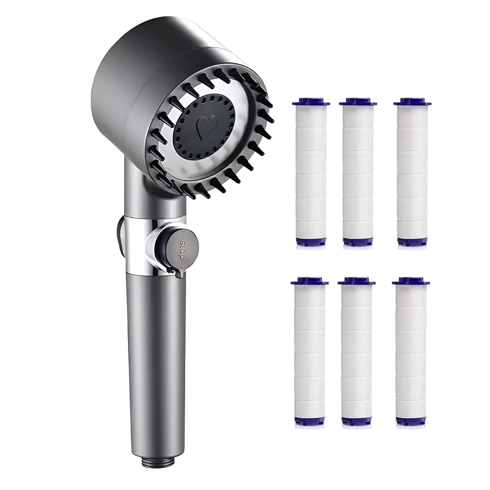 Para de Dus Teno976, 6 filtre extra, buton On/Off, presiune ajustabila, filtrare apa, jet uniform, zimti de silicon pentru curatare, gri