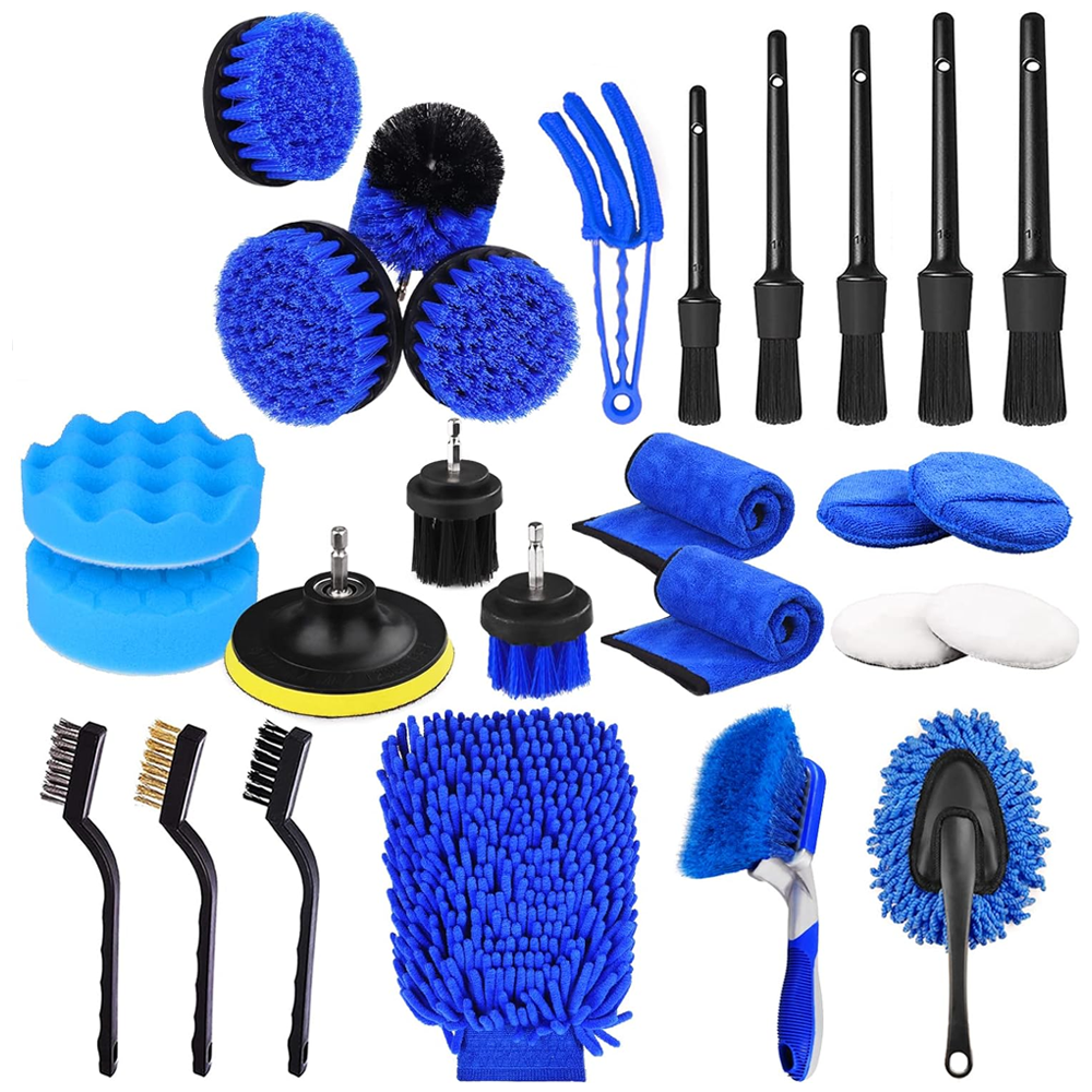 Set Premium 26 Piese Detailing Auto Teno677, curatare masina Interior-exterior, 5 pensule detaliu, burete aplicator, laveta microfibra, perii aer conditionat, perii de zimtate, manusa microfibra fata-verso, albastru